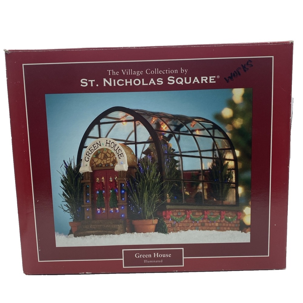 St. Nicholas Square Village GREEN HOUSE Illuminated Fiber Optic in‎ Box VIDEO